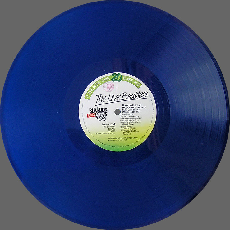 The Beatles Live at PALAIS DES SPORTS Paris - June 20, 1965 (Bulldog Records BGLP 005) – LP, dark blue vinyl? side A