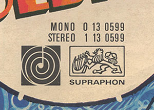 The Beatles - A COLLECTION OF BEATLES OLDIES (Supraphon 0 13 0599) – cover, front side (fragment) with the mono and stereo catalogue numbers and Gramophone club and Supraphon logos