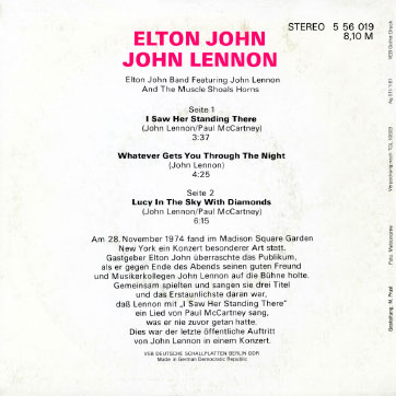 Elton John, John Lennon - Elton John Band feat. John Lennon and The Muscle Shoals Horns (AMIGA 5 56 019) – sleeve, back side (Type 1)
