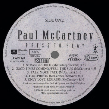 Paul McCartney - PRESS TO PLAY (Parlofone F 669.743) – label, side one