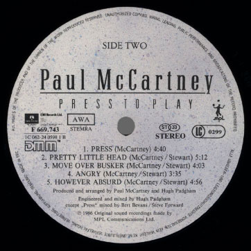 Paul McCartney - PRESS TO PLAY (Parlofone F 669.743) – label, side two