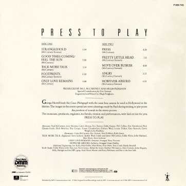 Paul McCartney - PRESS TO PLAY (Parlofone F 669.743) – gatefold cover, back side