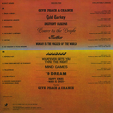 John Lennon − SHAVED FISH (The Gramophone Company of India Limited PCS 7173) – cover, back side