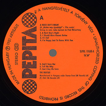 The Beatles - A HARD DAY'S NIGHT (Pepita SLPXL 17658) – label, side 1