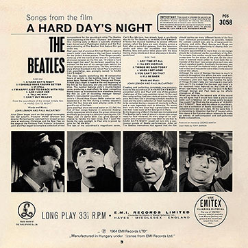 The Beatles - A HARD DAY'S NIGHT (Pepita SLPXL 17658) – cover, back side