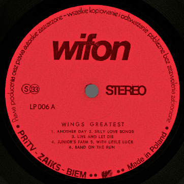 Wings - WINGS GREATEST (Wifon LP 006) – label, side 1