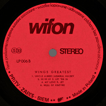 Wings - WINGS GREATEST (Wifon LP 006) – label, side 2