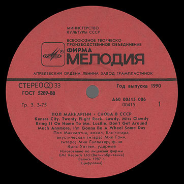 CHOBA B CCCP (2nd edition – 13 tracks) LP by Melodiya (USSR), Aprelevka Plant – label (var. red-2), side 1