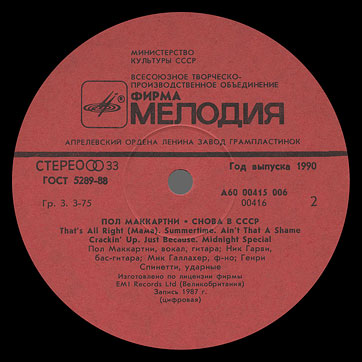 CHOBA B CCCP (2nd edition – 13 tracks) LP by Melodiya (USSR), Aprelevka Plant – label (var. red-2), side 2