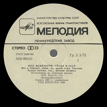 CHOBA B CCCP LP by Melodiya (USSR), Leningrad Plant – label (var. white-1a), side 2