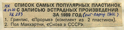 CHOBA B CCCP LP by Melodiya (USSR, 2nd edition – 13 tracks) – fragment of the back side of the sleeves (left lower corner) carrying shop’s handwritten marks about reduction of the price