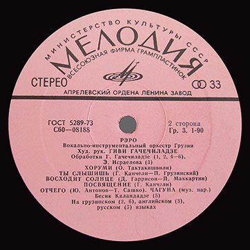 Вокально-инструментальный оркестр РЭРО (Мелодия C60-08187-8), Апрелевский завод − этикетка (вар.  pink-2), сторона 2
