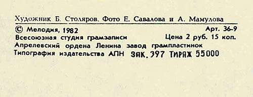 Вокально-инструментальный ансамбль Нью Сикерс (Великобритания) в Москве (Мелодия С 60–16579-80), Апрелевский завод – обложка (вар. 1), оборотная сторона (вар. A-2) – фрагмент (центральная нижняя часть)