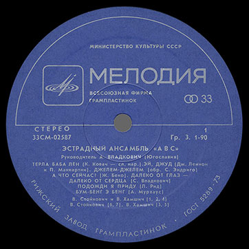 Эстрадный ансамбль ABC (стерео переиздание, Мелодия 33СМ-02587 // С60-11974), Рижский завод - этикетка (вар. blue-1), сторона 1