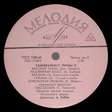 Оркестр лёгкой музыки эстонского радио – ТАНЦЕВАЛЬНЫЕ РИТМЫ II (Мелодия 33Д-19363-4), Апрелевский завод − этикетка (вар. pink-1), сторона 2