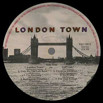 Paul McCartney and Wings – LONDON TOWN (EMI / Parlophone PAS 10012 - India) – label (var. multicoloured-1), side 1