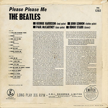 The Beatles - Please Please Me (Parlophone PMC 1202) – cover, back side