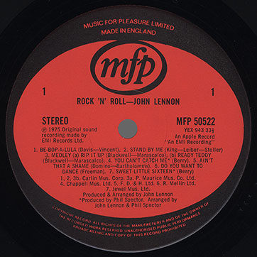 John Lennon - Rock 'N' Roll (Music For Pleasure MFP 50522) − label (Type 1), side 1