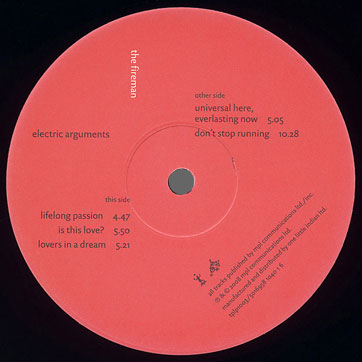 The Fireman (a.k.a. Paul McCartney and Youth)- ELECTRIC ARGUMENTS (One Little Indian TPLP1003) – label LP 2, side 1