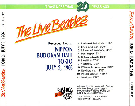 The Beatles Live at NIPPON BUDOKAN HALL Tokio July 2, 1966 (Bulldog Records BGCD-002) − artwork