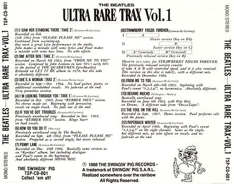 The Beatles - Ultra Rare Trax Vol.1 (The Swingin' Pig TSP-CD-001) − artwork