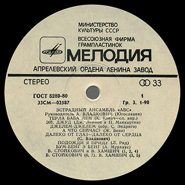 Эстрадный ансамбль ABC (стерео переиздание, Мелодия 33СМ-02587 // С60-11974), Апрелевский завод - этикетка (вар. white-2), сторона 1