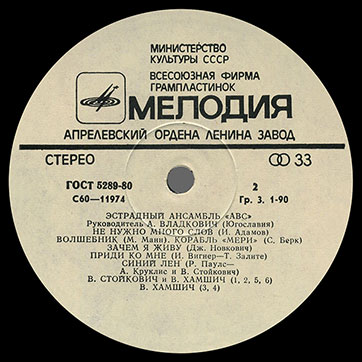 Эстрадный ансамбль ABC (стерео переиздание, Мелодия 33СМ-02587 // С60-11974), Апрелевский завод – этикетка (вар. white-2), сторона 2 (как у вар. pink-1a)