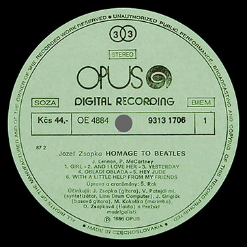 Jozef Zsapka featuring other artists – JOZEF ZSAPKA. HOMAGE TO BEATLES (Opus 9313 1706) – label (var. green-1b), side 1