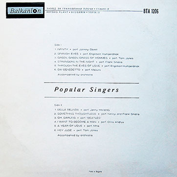 Various Artists (featuring The Beatles, Tom Jones) – POPULAR SINGERS (Balkanton ВТА 1206) - sleeve (var. 8), back side