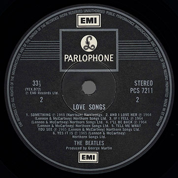 The Beatles - LOVE SONGS 2LP (Parlophone PCSP 721) – label of record 1, side 2