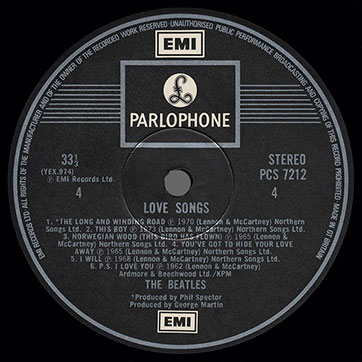 The Beatles - LOVE SONGS 2LP (Parlophone PCSP 721) – label of record 2, side 2