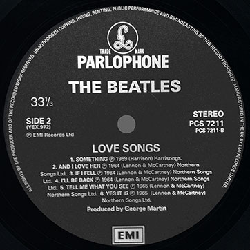 The Beatles - LOVE SONGS 2LP (Parlophone PCSP 721) – label of record 1, side 2