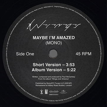 Paul McCartney and Wings – Maybe I'm Amazed [Mono and Stereo] (Hear Music HRM-34261-01) – label, side A